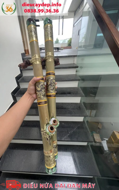 Điếu Cày Nứa 73cm Bọc Đồng Đan Mây Full Ngọc