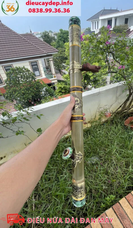 Điếu Cày Nứa 73cm Bọc Đồng Đan Mây Full Ngọc