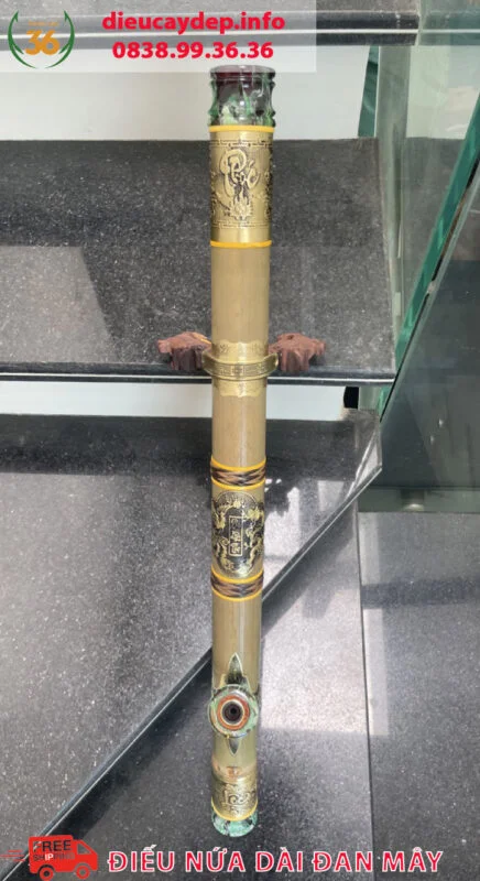 Điếu Cày Nứa 73cm Bọc Đồng Đan Mây Full Ngọc