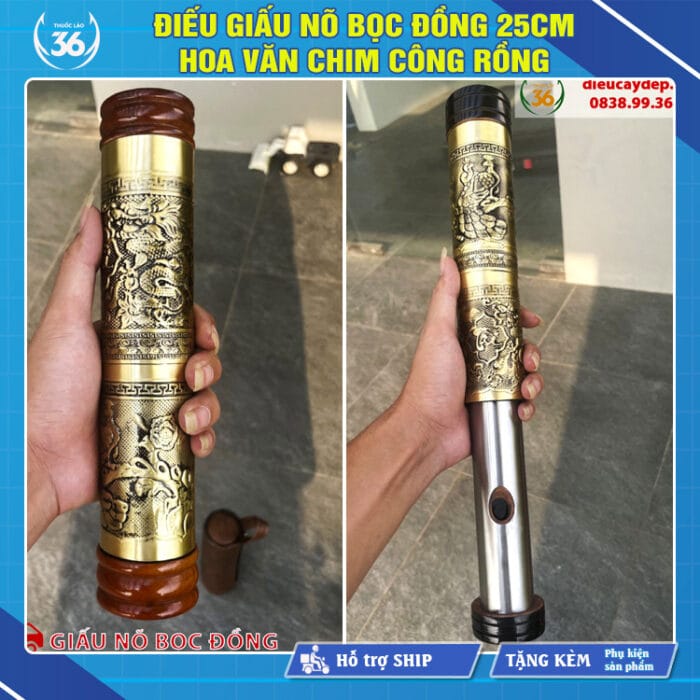 Điếu Cày Bọc Đồng Giấu Nõ 25cm - 40cm Hoa Văn Long Phụng